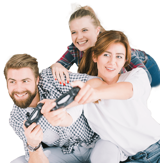 Three friends playing a video game together