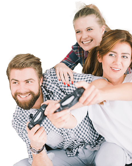 Three friends playing a video game together